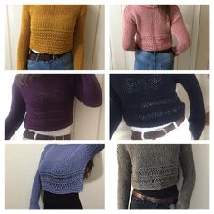 four pictures of different sweaters with buttons on the front and back, all in different colors