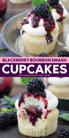 blackberry bourbon smash cupcakes with white frosting and blackberries in the middle