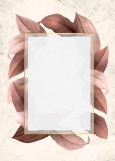 a square frame with leaves surrounding it on a marble background that has a gold border in the middle