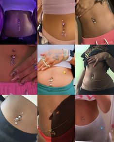 many different pictures of women with various jewelry on their stomachs and belly, all showing the same amount of piercings