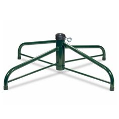 a green metal stand with two legs and one foot on the ground, against a white background