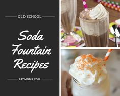 soda fountain recipe collage with orange sprinkles and whipped cream in it