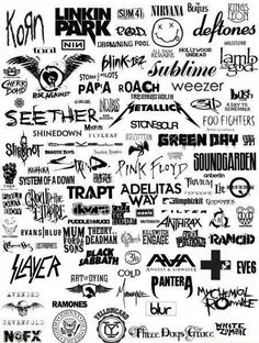 a poster with many different types of logos and words on it, all in black and white