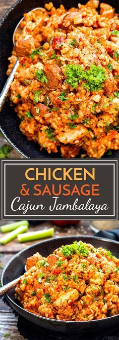 chicken and sausage cajun jambaalaya in a skillet with the title above it