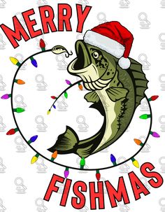 a christmas fish with a santa hat on it's head and the words merry fishing