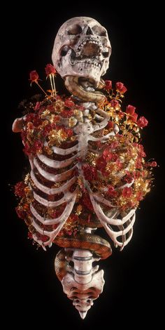 a skeleton with flowers on it's chest is shown in front of a black background