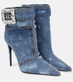 One of my favourite designer pieces #mytheresa Jean Heels, Boots Diy, Sock Ankle Boots, Bridal Boots, Cute Shoes Heels, Jeans With Heels, Denim Boots, Embellished Denim, High Heel Boots Ankle