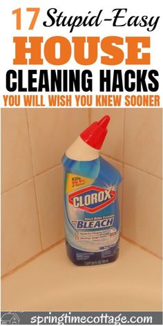 a bottle of clorox cleaning hack sitting on top of a tiled bathroom counter