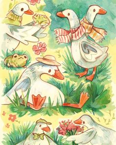 watercolor painting of ducks in the grass