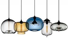 five different colored glass lamps hanging from the ceiling