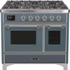 a blue and silver stove top oven with two burners