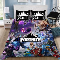 a bed with fortnite comforters and pillows