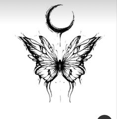 a black and white drawing of a butterfly with a half moon on it's back