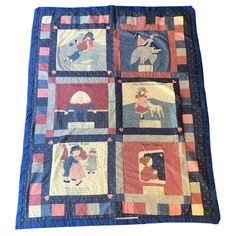 a quilted blanket with pictures of people and animals on it's sides, all in different colors