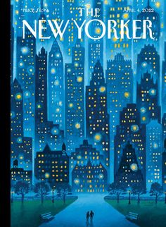 the new yorker magazine cover featuring two people walking down a city street at night