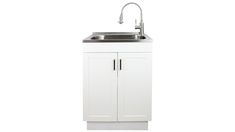 a white cabinet with a sink and faucet on it's side, in front of a white background