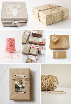 many different types of gift wrappings and boxes with tags on them, including twine