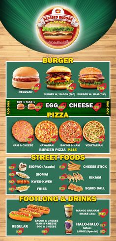 the menu for burgers and other fast food items