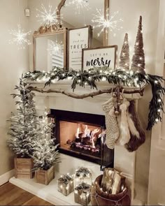 a fireplace decorated for christmas with stockings, stockings and garlands on the mantel