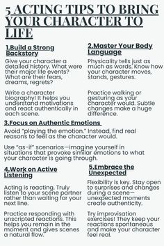 Want to elevate your acting skills? Here are five insightful tips to help you dive deep into any role and make your performances unforgettable! Follow these expert tips and start transforming your characters today. Acting Tips For Beginners, Character Roles, Acting Scripts, Actress Career, Drama Teacher, Character Role, Theater Performance, Acting Tips, Dream Career