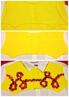 two pictures of the back and side of a yellow shirt with sequins on it