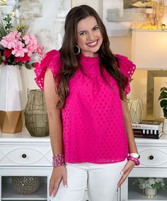 Introducing our "Swing Me Around Top," a delightful and versatile addition to your wardrobe, available in sizes S-L. Crafted from 100% cotton, this hot pink top combines comfort with style for all-day wear.
Featuring a charming eyelet design, this top boasts a frilled neck that adds a touch of femininity. The layer ruffled shoulder detail adds a playful flair, while the back buttoned closure provides both functionality and elegance. To add texture and interest, we've included wrinkle detail throughout the fabric.
This top is perfect for a variety of occasions. Dress it down with jeans or shorts for a casual daytime look, or pair it with a skirt or trousers for a more polished ensemble. Its breathable cotton fabric ensures you stay cool and comfortable, no matter the setting.
Embrace the wh Cotton Eyelet Top For Day Out, Spring Cotton Eyelet Tops, Feminine Eyelet Tops For Day Out, Feminine Summer Tops With Eyelet Details, Feminine Eyelet Tops For Summer, Chic Sleeveless Top With Eyelet Details, Chic Sleeveless Eyelet Top, Sleeveless Eyelet Top For Spring, Feminine Eyelet Tops For Spring