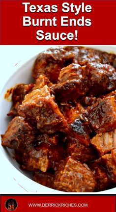 texas style burnt ends sauce in a white bowl with the words, texas style burnt ends sauce