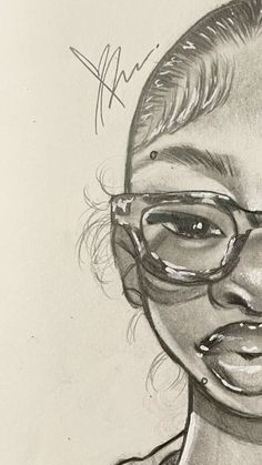 a pencil drawing of a woman wearing glasses