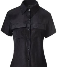 Fitted Black Button-up Short Sleeve Shirt, Fitted Black Short Sleeve Button-up Shirt, Fitted Short Sleeve Black Shirt With Buttons, Summer Black Top With Snap Buttons, Black Top With Snap Buttons For Summer, Black Summer Top With Snap Buttons, Black Tops With Snap Buttons For Summer, Black Dress Shirt, Dress Shirts For Women