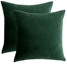 two dark green velvet pillows on a white background