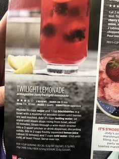 the menu for twilight lemonade is shown in an advertisement, with information about it