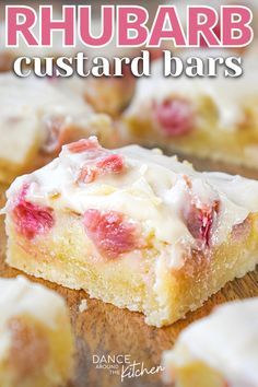 rhubarb custard bars on a cutting board with text overlay