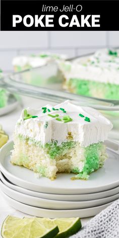 a slice of lime jello poke cake on a plate with the rest of the cake in the background