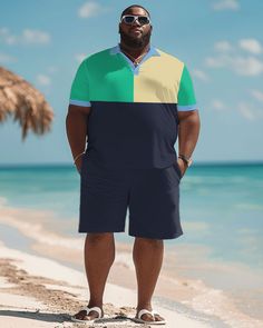 Plus Size L-9XL Hawaiian Shirt Shorts Set is a stylish outfit for summer. It consists of a Hawaiian-style short-sleeve shirt and comfortable shorts for men looking for on-trend and casual styles. This set is characterized by its loose fit and comfortable fabric. It's made from lightweight cotton fabric that's extremely breathable and sweat-wicking to keep you cool and comfortable on hot days. The design of the shirt is inspired by the traditions and scenery of Hawaii, with bright colors and uniq Casual Summer Shorts With Contrast Color, Cotton Shorts With Contrast Color For Summer, Summer Cotton Shorts With Contrast Color, Black Shorts With Contrast Color For Summer, Black Summer Shorts With Contrast Color, Casual Green Color Block Shorts, Green Color Block Casual Shorts, Green Casual Color Block Shorts, Summer Green Shorts With Patchwork