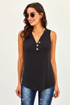 •Lightweight silky sleeveless top with a ribbed texture. •cute 3-button detail decor, buttons are not functional. •Can be worn as dressy or casual. •Regular fit silhouette, cool sleeveless and rounded hemline. True to size Best Tank Tops, Casual Black, Casual Tank Tops, Solid Tops, Black Rib, Knitted Tank Top, Black Tank, Knit Tanks, Ribbed Fabric