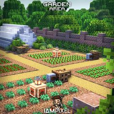 an image of a garden area with plants and buildings in the background for minecraft