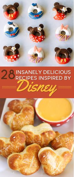 disney inspired pastries are displayed on a plate with the words, 28 disney delicious recipes inspired by