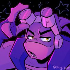 an angry looking cartoon character with purple hair and yellow eyes, holding his hands up to his head