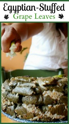 an egyptian - stuffed grape leaves recipe is shown on a plate with the title in the middle