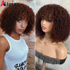 Chocolate Brown Kinky Curly Short Bob Human Hair Wigs With Bang Color #4 Full Machin Made Indian Remy Hair Wig For Black Women Short Bob Straight Hair, Bob Straight Hair, Pulling Hair Out, Curly Short Bob, Short Bob Straight, Bob Human Hair Wigs, Straight Hair Wig, Straight Bob Hairstyles, Bob Straight