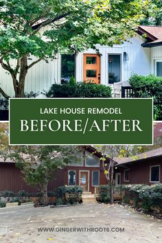 White house with modern orange front door Cottage Remodel Ideas, Lake House Loft Bedrooms, Lakehouse Siding Ideas, White Lake Cottage Exterior, Lake House Bathroom Ideas Cottage, Mid Century Lake House Decor, Bathroom Remodel Lake House, Lake House Updates, Ikea Lake House