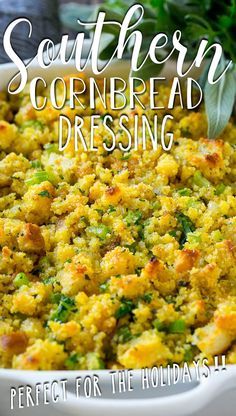 southern cornbread dressing recipe in a white dish