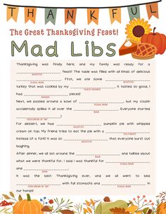 a thanksgiving mad libs printable with pumpkins, cornucts and leaves