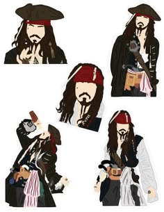 four different pictures of a man with long hair and beards, wearing pirate clothing