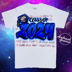 Celebrate the monumental achievement of your graduation with our exclusive custom airbrushed t-shirt tailored for the esteemed Class of 2024! Meticulously handcrafted with utmost care and personalized to your specifications, our one-of-a-kind tee serves as a timeless keepsake, capturing the essence of your journey and accomplishments. Graduation day is filled with emotions and what better way to capture the memory than a custom airbrushed tee! Our creative process ensures that your design reflects your unique style and personality. Whether you're commemorating your own achievements or searching for the perfect gift for a loved one, our custom t-shirts provide a heartfelt way to mark this significant milestone. The perfect graduation gift, our personalized t-shirts go beyond mere apparel; t School Spirit T-shirt With Graphic Print For Graduation, Customizable Short Sleeve T-shirt For Graduation Gift, White T-shirt With Letter Print For Graduation, Customizable T-shirt For Graduation Gift, Graduation Graphic Print Short Sleeve T-shirt, Customizable Graduation T-shirt With Crew Neck, Graduation Custom Print Short Sleeve T-shirt, School Graduation T-shirt With Graphic Print, Customizable White T-shirt For Graduation