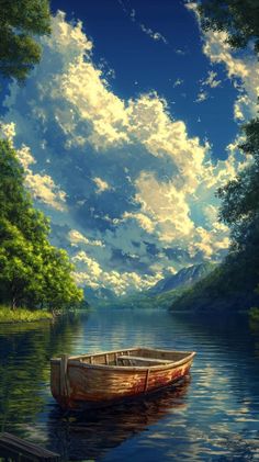 a boat floating on top of a river under a cloudy blue sky with white clouds