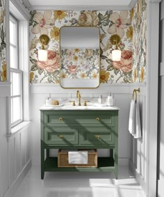 a bathroom with pink walls and green vanity in the center, along with floral wallpaper