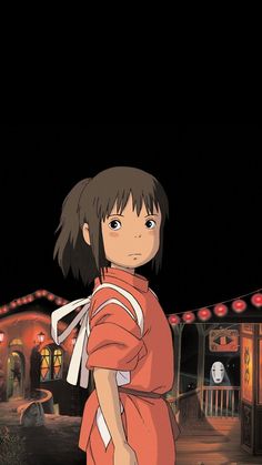 an anime character standing in front of a train station at night with her hand on her hip