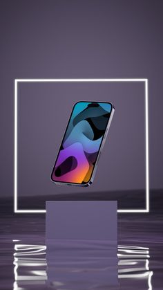 an iphone is displayed in front of a neon frame on the water with its reflection