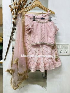 Product: Custom stitched girl kids children dress. Baby girls pink party dresses for special occasions the dress can be converted to dressing gowns or anarkali too Dress best suits for baby girl 1st birthday We stitch this lehenga for 15 year old 13 year old, 12 year old or any further teens size Lehnga come with chunni and waist is tie belt tassels and latkan Fabric: Lehenga- soft silk with gota sequins work embroidery all over Top -georgette with gold print frill sleeves embellished with mirro Pink Gota Work Dress For Festive Occasions, Pink Gota Work Dress For Eid, Pink Dress With Gota Work For Eid, Festive Pink Dress With Gota Work, Pink Party Dress With Gota Work, Pink Dress For Festive Fancy Dress Occasions, Pink Salwar Kameez For Diwali, Pink Party Wear Sets With Gota Work, Pink Party Wear Set For Diwali